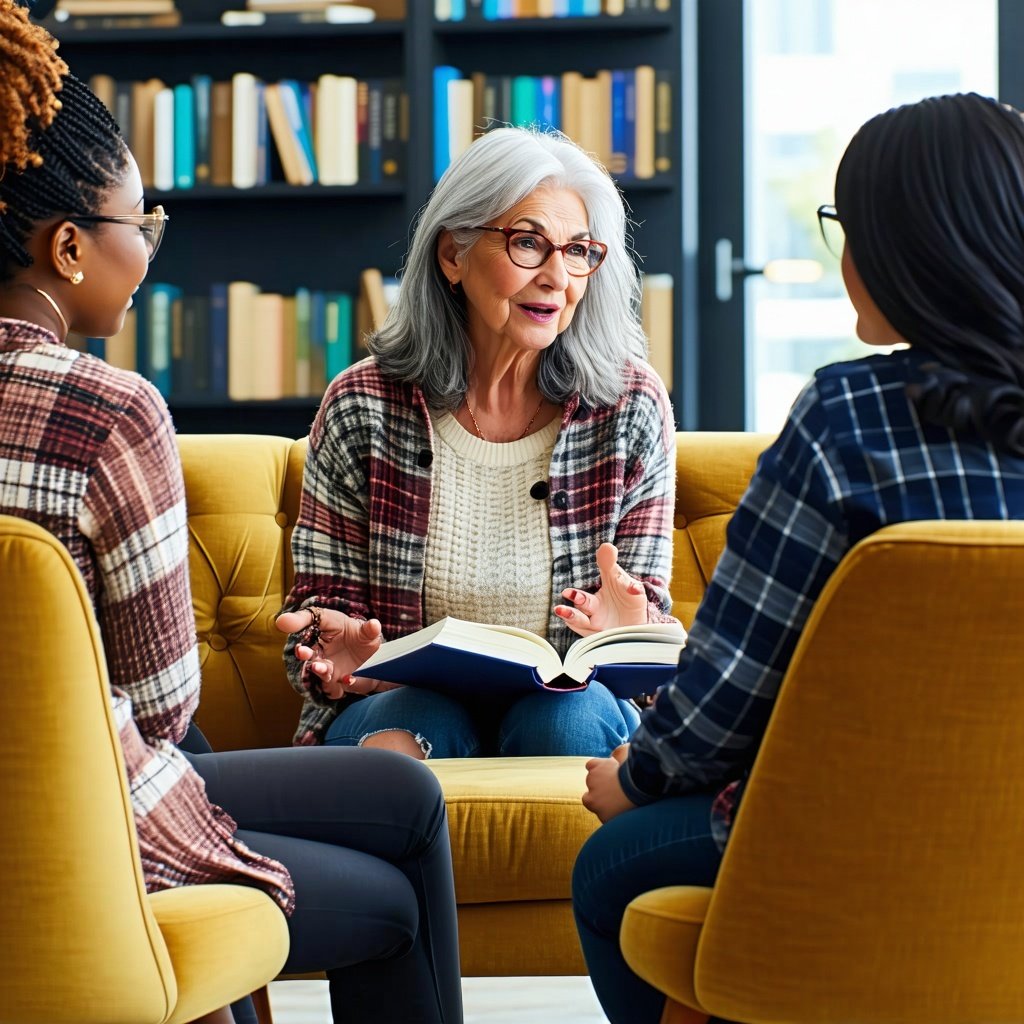 book club image showing a group of women in a variety of ages and different diversity in discussion